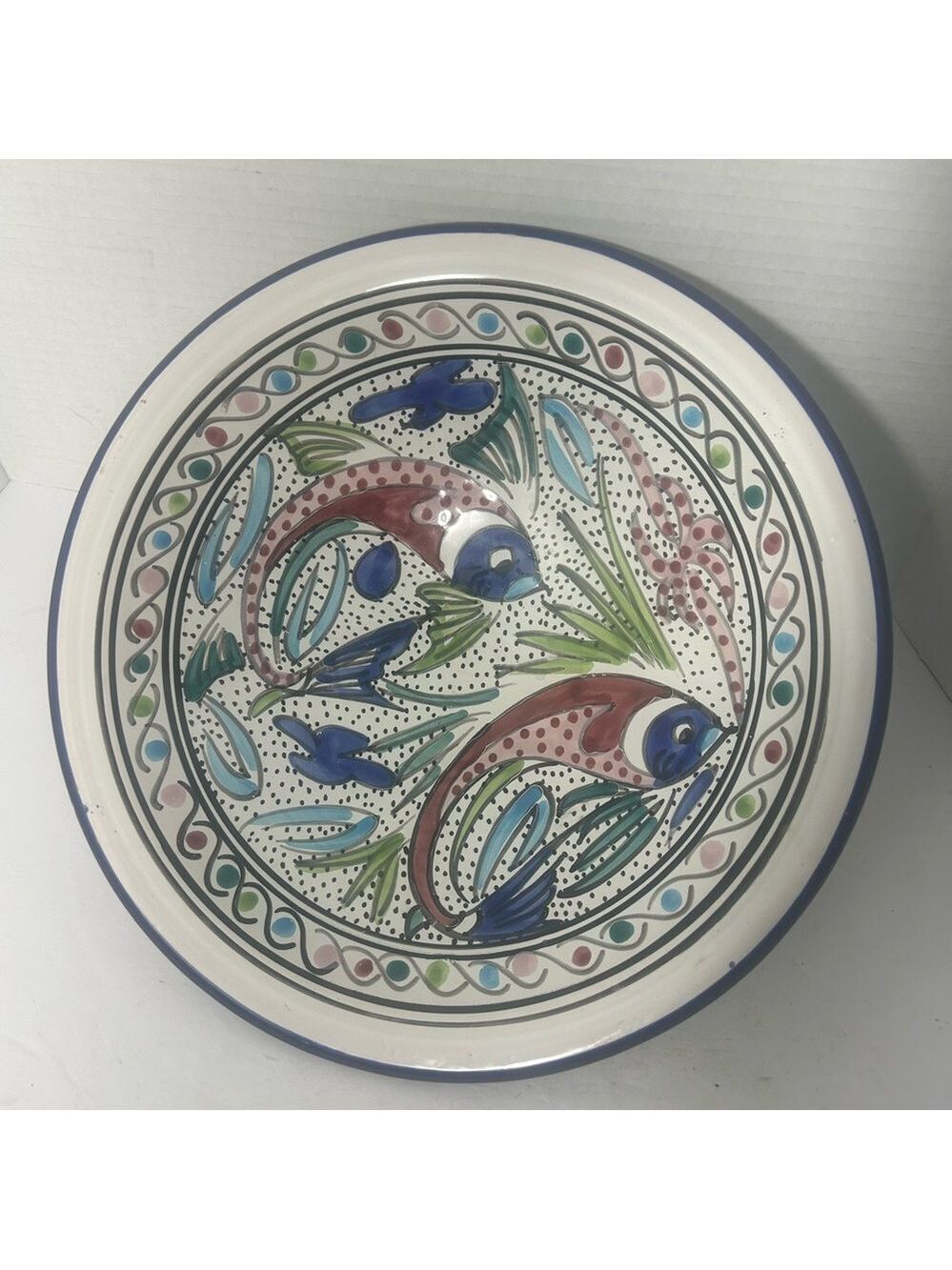 Le Souk Tunisia Pottery Ceramic Fish Round Serving Bowl Handpainted
